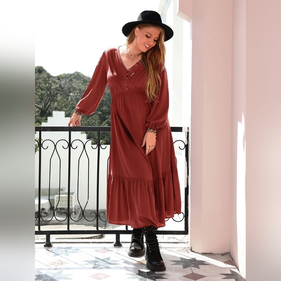 Plus Size Quarter Button V-Neck Long Sleeve Rust Color Dress - Picture 2 of 9